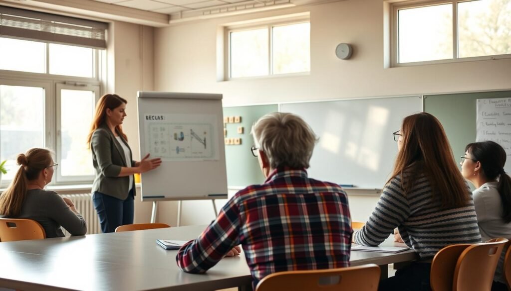 A classroom setting with a teacher and parents collaborating on a school project. The teacher stands at the front, gesturing to a whiteboard displaying a visual aid. Parents sit around a table, engaged in discussion and taking notes. Warm, natural lighting filters through large windows, creating a collaborative, inclusive atmosphere. The scene conveys the challenges and opportunities of school-family partnerships in education, with an emphasis on open communication and shared responsibility for student success.