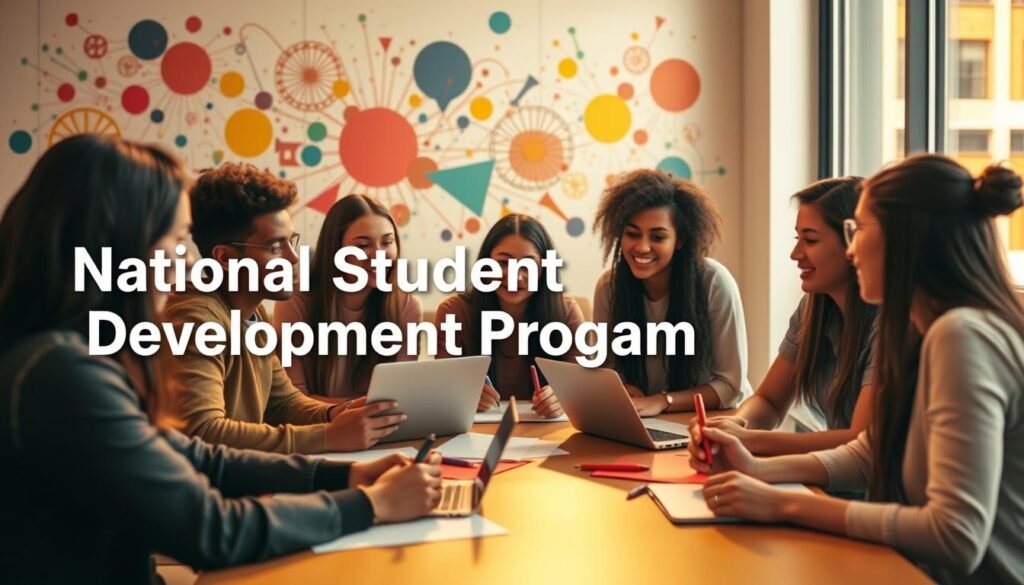 A group of diverse university students in a lively discussion, gathered around a table with laptops, papers, and markers, representing a national student development program. The scene is illuminated by warm, natural lighting from a large window, casting a soft glow on the students' faces as they collaborate. In the background, a wall displays a blend of colorful, abstract shapes and patterns, symbolizing the creative and innovative nature of the program. The overall atmosphere conveys a sense of purpose, teamwork, and intellectual engagement, reflecting the goals of the "National Student Development Program" initiative.
