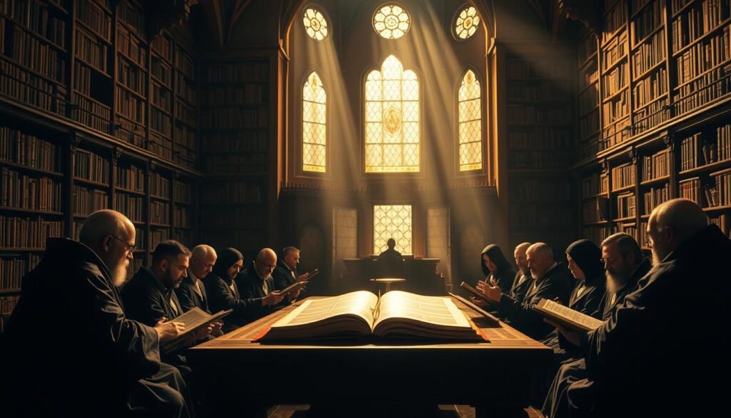 A scholarly debate taking place in a grand, dimly-lit library. In the foreground, a group of robed, pensive scholars poring over ancient texts, engaged in lively discussion. The middle ground features a large, ornate table with aged scrolls and tomes, casting warm, golden light across the scene. In the background, towering bookshelves stretch up to a vaulted ceiling, creating an atmosphere of contemplation and intellectual rigor. Subtle beams of light filter through stained glass windows, adding a sense of reverence and solemnity to the proceedings. The overall mood is one of deep, thoughtful examination of the complexities surrounding the application of Hudud laws within the Islamic tradition.