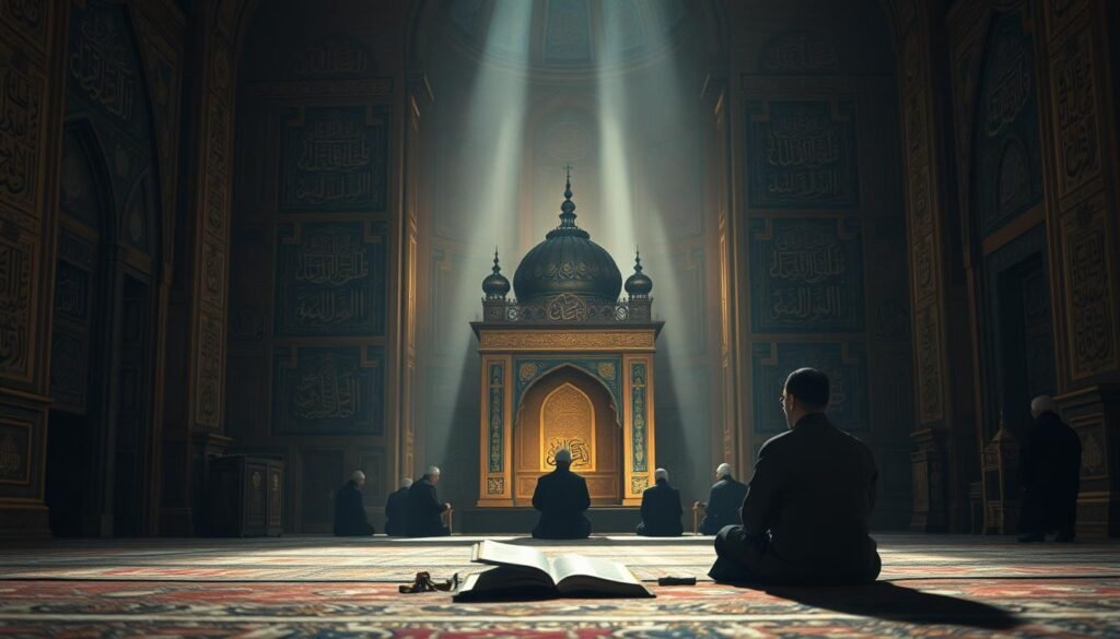A serene, dimly lit mosque interior with intricate Arabic calligraphy adorning the walls. Soft, warm lighting casts a reverent glow, highlighting the ornate mihrab and minbar. In the foreground, a religious scholar sits cross-legged, deep in contemplation, surrounded by ancient tomes and scrolls. The middle ground features worshippers in traditional garments, their faces thoughtful as they ponder the complexities of Islamic jurisprudence. The background subtly depicts the dome and minarets, hinting at the broader religious context. The overall atmosphere evokes a sense of profound spiritual inquiry and the timeless traditions of Islamic law.