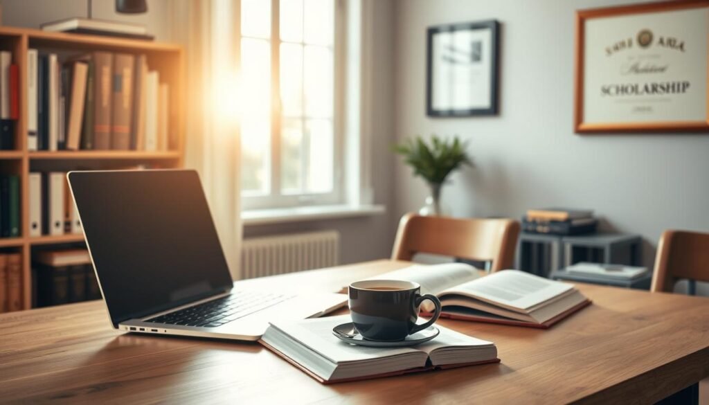 A serene home office scene with a laptop, open books, and a cup of coffee on a wooden desk. Soft natural lighting streams through a window, casting a warm glow on the workspace. In the background, a bookshelf filled with educational volumes and a framed diploma on the wall suggest an academic environment. The composition conveys a sense of focus and productivity, capturing the essence of an online scholarship application process.