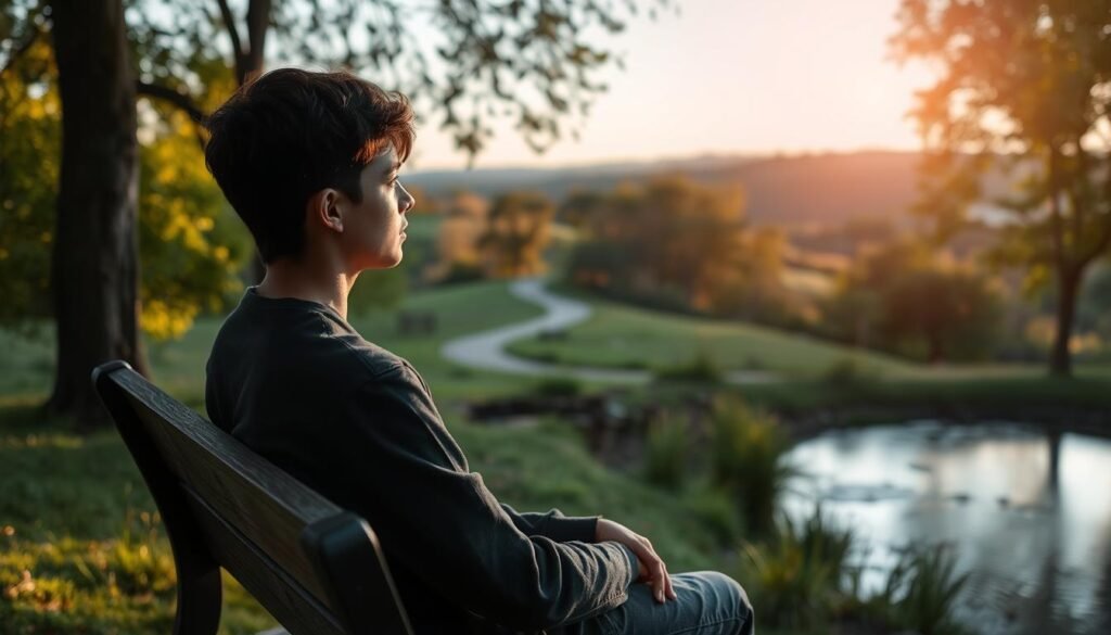 A serene outdoor scene with a young person seated on a park bench, gazing thoughtfully into the distance. The foreground features lush greenery and a tranquil pond, creating a calming atmosphere. Soft, warm lighting filters through the trees, casting a gentle glow on the subject's face. In the middle ground, a winding path leads toward a secluded wooded area, symbolizing the journey of overcoming life's pressures. The background showcases a picturesque landscape with rolling hills and a clear, azure sky, conveying a sense of openness and possibility. The overall tone is one of introspection, resilience, and finding solace in nature.