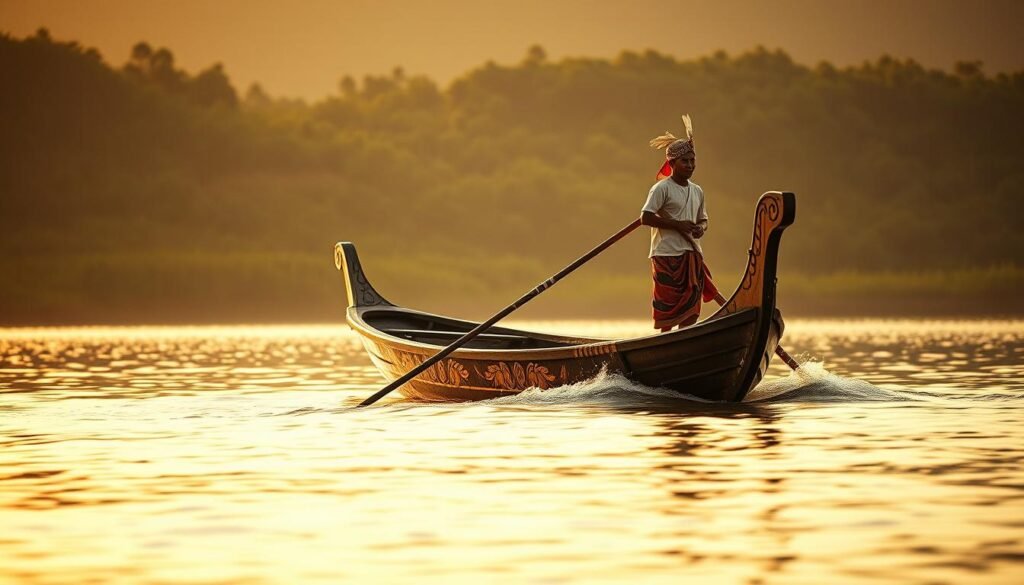 A traditional Indonesian boat, its wooden hull and ornate carvings reflecting the vibrant culture of the region. The rower, dressed in traditional attire, stands gracefully as the boat glides across the tranquil waters, their movements in perfect harmony with the gentle lapping of the waves. Soft, warm lighting illuminates the scene, casting a golden glow that heightens the sense of timelessness. The background features a lush, verdant landscape, hinting at the natural beauty that surrounds this captivating performance. The overall atmosphere is one of serenity and cultural celebration, capturing the essence of the "Fenomena Video Menari di Perahu Tradisional" in a visually striking and evocative manner.