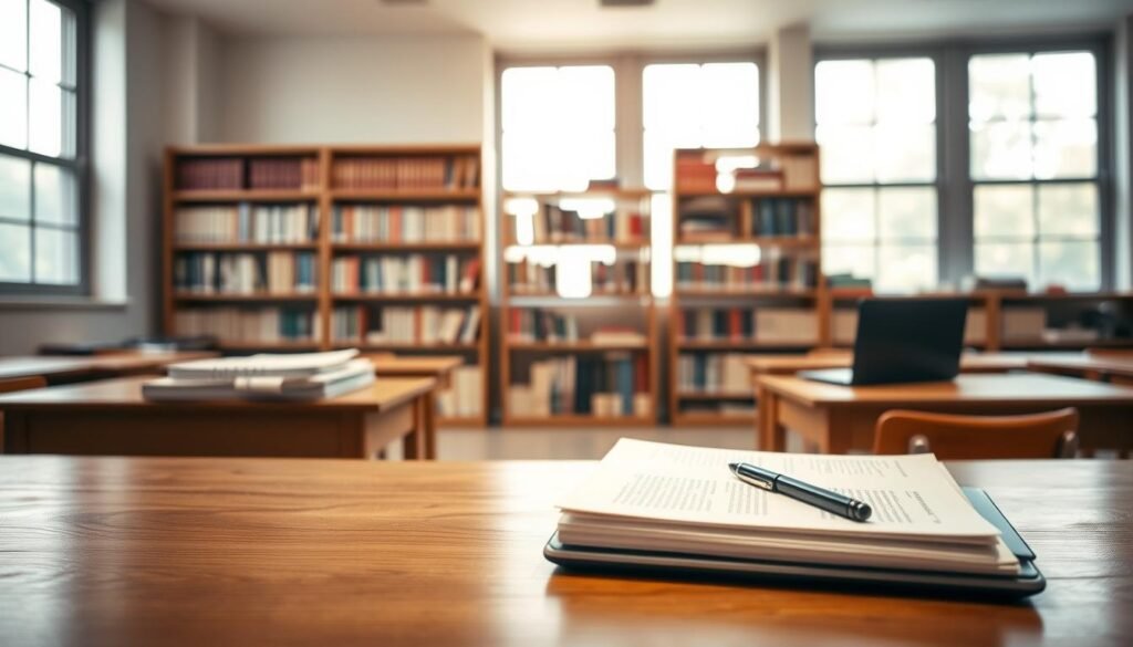 A tranquil academic setting, with a wooden desk in the foreground showcasing a stack of documents, a laptop, and a pen. In the middle ground, a bookshelf stands tall, filled with volumes of knowledge. The background depicts a softly lit classroom, with large windows allowing natural light to filter in, creating a warm and inviting atmosphere. The scene conveys a sense of focus, diligence, and the pursuit of educational excellence, reflecting the criteria for a scholarship recipient.