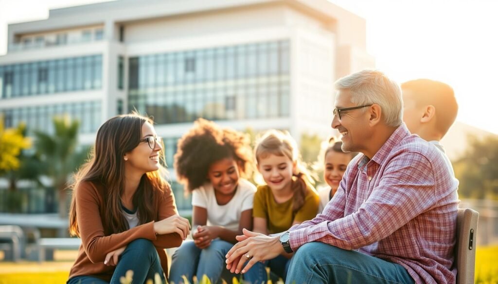 A vibrant scene of a school and a family collaborating, set against a backdrop of a sun-drenched cityscape. In the foreground, a teacher and a parent sit together, engaged in a lively discussion, their body language conveying a sense of openness and mutual understanding. In the middle ground, students of diverse backgrounds participate in a group activity, their expressions filled with excitement and learning. The background features a modern school building, its architecture blending seamlessly with the surrounding urban landscape, symbolizing the integration of the school and the community. Soft, warm lighting illuminates the scene, creating a welcoming and collaborative atmosphere. The overall composition emphasizes the harmonious partnership between the school and the families, fostering a supportive environment for the children's education.