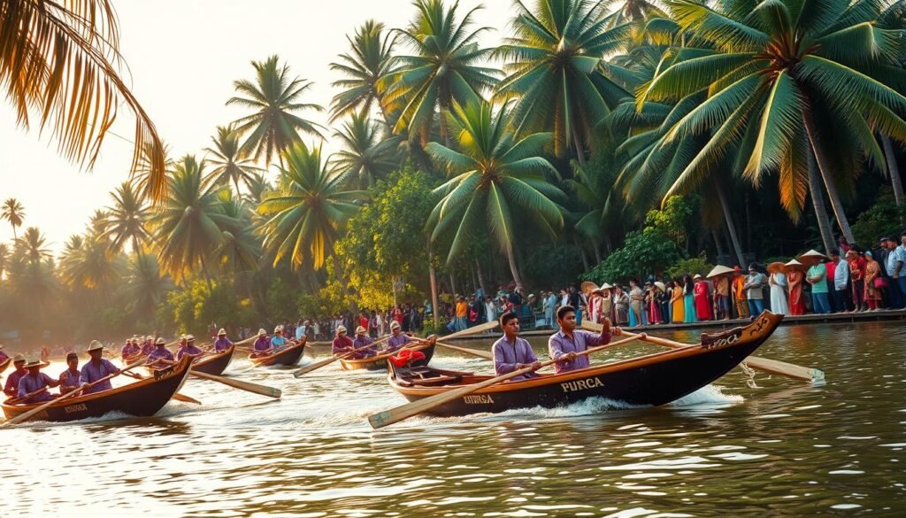A vibrant scene of the traditional Anak Coki Lomba Pacu Jalur boat race, captured in stunning detail. In the foreground, sleek wooden boats with ornate designs glide across the tranquil river, their oarsmen expertly maneuvering the vessels. Spectators line the riverbanks, their colorful traditional attire adding to the lively atmosphere. In the middle ground, the backdrop of lush, verdant foliage and towering palm trees creates a tropical setting. Warm, golden sunlight filters through the canopy, casting a gentle glow over the entire scene. The overall mood is one of cultural celebration and exhilaration, capturing the essence of this longstanding Sumatran tradition.