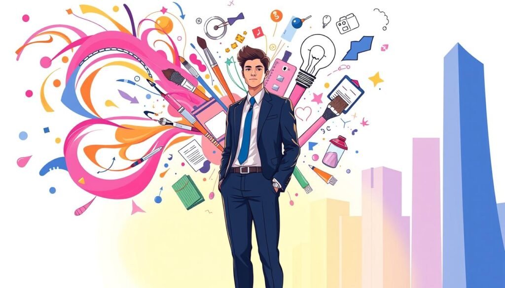 A vibrant, stylized illustration depicting the concepts of "strategi-personal-branding-kreativitas". In the foreground, a young professional in business attire stands confidently, surrounded by swirling geometric shapes and abstract patterns that symbolize their personal brand. In the middle ground, a collage of iconic objects and symbols representing creativity - paintbrushes, lightbulbs, sketchbooks - float and intersect, creating a dynamic, energetic composition. The background features a sleek, minimalist cityscape, hinting at the professional setting and the individual's drive for success. The lighting is soft, warm, and slightly ethereal, conveying a sense of ambition, innovation, and personal growth. The overall mood is one of strategic personal branding and the power of creative expression.