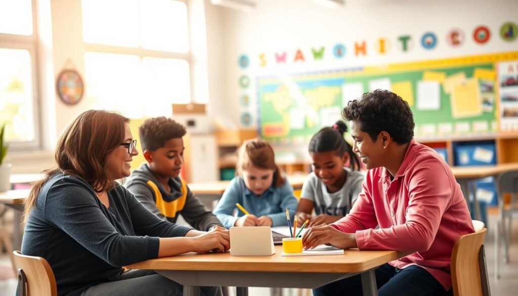 A vibrant, warm-lit classroom scene showcasing the collaborative partnership between parents and teachers. In the foreground, a teacher and parent sit side-by-side, engaged in a friendly discussion, their body language exuding mutual understanding and a shared commitment to the student's success. In the middle ground, students of diverse backgrounds work together on a learning activity, their faces alight with curiosity and focus. The background depicts an inviting, well-equipped classroom space, with colorful educational displays and ample natural light streaming through large windows. The overall atmosphere conveys a sense of unity, support, and a nurturing environment where families and educators unite to foster students' academic motivation and growth.