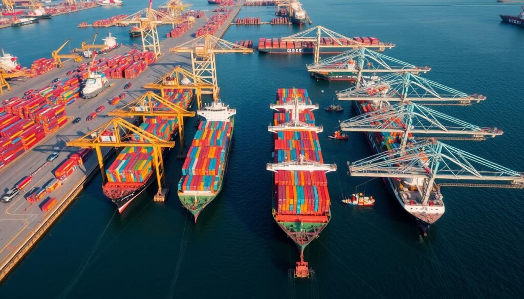 Aktivitas perdagangan internasional di pelabuhan kontainer