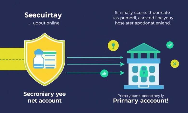 Ilustrasi keamanan akun bank sekunder untuk transaksi online yang aman dengan lapisan perlindungan
