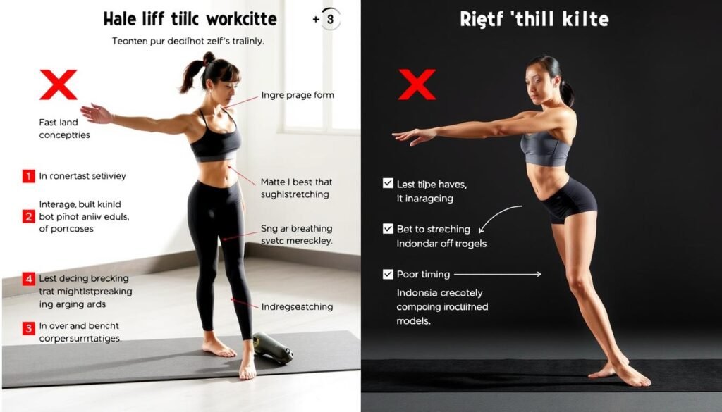 Ilustrasi kesalahan umum saat menggabungkan workout ringan dan peregangan Ilustrasi kesalahan umum saat menggabungkan workout ringan dan peregangan