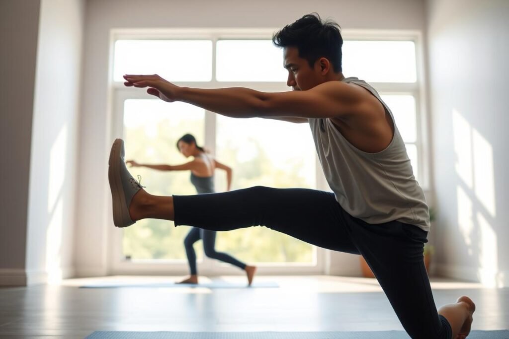 Seseorang melakukan rutinitas pagi menggabungkan workout ringan dan peregangan Seseorang melakukan rutinitas pagi menggabungkan workout ringan dan peregangan