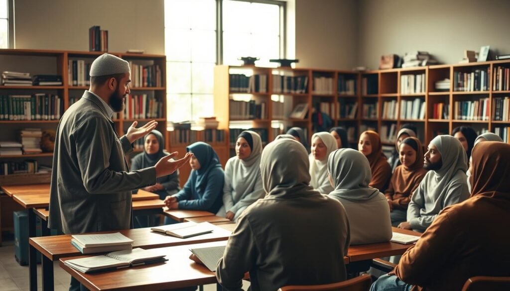 A classroom setting with a group of diverse students engaged in a discussion about Islamic jurisprudence. In the foreground, a teacher stands at the front, gesturing animatedly as they explain the concepts of Jarimah Hudud. The students, seated in rows, listen intently, some taking notes. The lighting is warm and inviting, with natural sunlight filtering in through large windows. The background features shelves of books and educational materials, creating a scholarly atmosphere. The overall scene conveys a sense of intellectual discourse and a commitment to educating the community about the intricacies of Islamic law. A classroom setting with a group of diverse students engaged in a discussion about Islamic jurisprudence. In the foreground, a teacher stands at the front, gesturing animatedly as they explain the concepts of Jarimah Hudud. The students, seated in rows, listen intently, some taking notes. The lighting is warm and inviting, with natural sunlight filtering in through large windows. The background features shelves of books and educational materials, creating a scholarly atmosphere. The overall scene conveys a sense of intellectual discourse and a commitment to educating the community about the intricacies of Islamic law.
