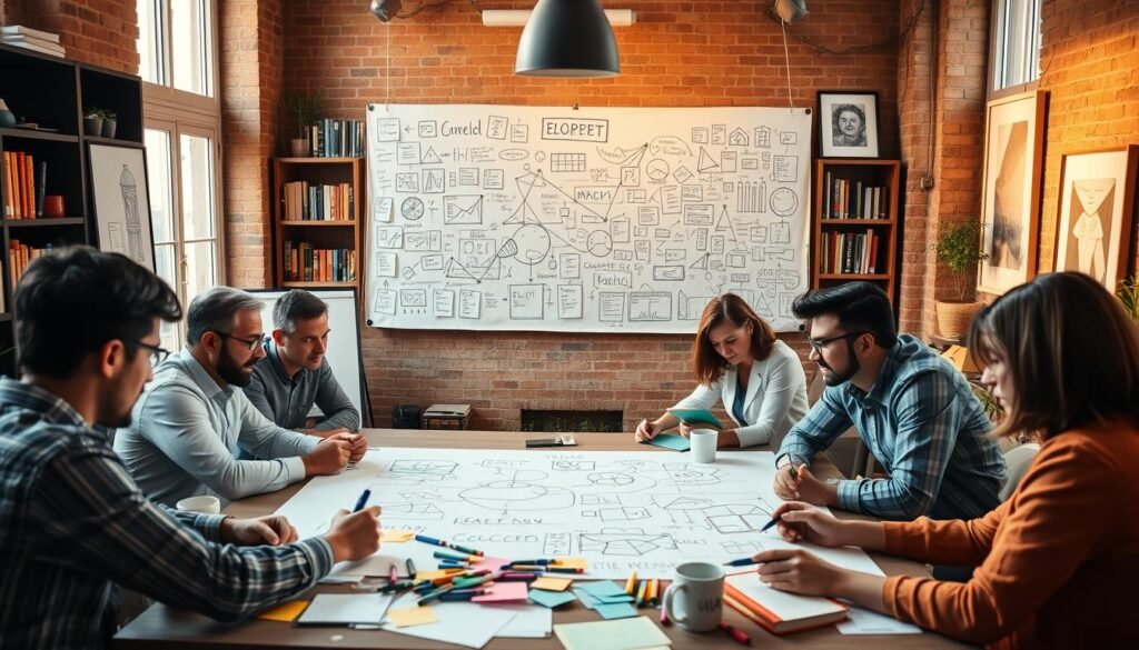 A cozy office setting with a group of professionals seated around a table, engaged in a brainstorming session. The scene is bathed in warm, natural lighting filtering through large windows, casting a soft glow over the scene. In the foreground, a diverse team of men and women are leaning in, sketching ideas on a large whiteboard, surrounded by a clutter of colored markers, sticky notes, and coffee mugs. In the middle ground, a large cork board displays an array of hand-drawn mind maps, concept diagrams, and scribbled thoughts. In the background, bookshelves and framed art pieces add depth and character to the workspace, conveying a sense of creative inspiration. The overall atmosphere is one of focused collaboration and intellectual curiosity. A cozy office setting with a group of professionals seated around a table, engaged in a brainstorming session. The scene is bathed in warm, natural lighting filtering through large windows, casting a soft glow over the scene. In the foreground, a diverse team of men and women are leaning in, sketching ideas on a large whiteboard, surrounded by a clutter of colored markers, sticky notes, and coffee mugs. In the middle ground, a large cork board displays an array of hand-drawn mind maps, concept diagrams, and scribbled thoughts. In the background, bookshelves and framed art pieces add depth and character to the workspace, conveying a sense of creative inspiration. The overall atmosphere is one of focused collaboration and intellectual curiosity.