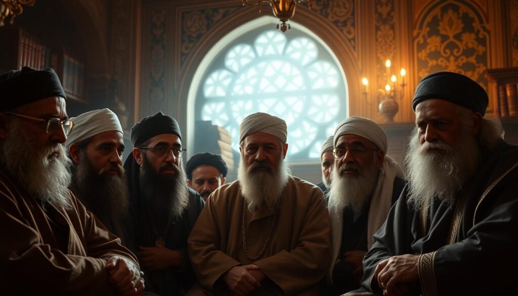 A panel of esteemed Islamic scholars, their faces etched with determination, gathered in a dimly lit chamber. Soft, reverent lighting illuminates their robes and thoughtful expressions as they deliberate on upholding the sacred laws. In the background, ornate architectural details and ancient tomes suggest the weight of tradition and scholarship they bear. The atmosphere is solemn, imbued with a sense of responsibility to ensure justice and adherence to the divine commandments. This scene conveys the pivotal role of ulama, or Islamic religious leaders, in the enforcement of Sharia law and the preservation of a righteous social order. A panel of esteemed Islamic scholars, their faces etched with determination, gathered in a dimly lit chamber. Soft, reverent lighting illuminates their robes and thoughtful expressions as they deliberate on upholding the sacred laws. In the background, ornate architectural details and ancient tomes suggest the weight of tradition and scholarship they bear. The atmosphere is solemn, imbued with a sense of responsibility to ensure justice and adherence to the divine commandments. This scene conveys the pivotal role of ulama, or Islamic religious leaders, in the enforcement of Sharia law and the preservation of a righteous social order.