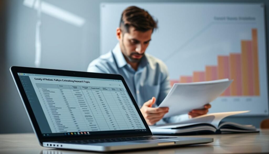An analysis of the viability of a research topic, set against a sleek, modern backdrop. In the foreground, a laptop displaying a spreadsheet, with carefully considered criteria and evaluation metrics. In the middle ground, a researcher intently reviewing documents and notes, brow furrowed in concentration. The background features a stylized graph or chart, visualizing the multifaceted considerations that go into assessing the feasibility and potential impact of a proposed topic. Lighting is soft and directional, conveying a sense of thoughtful contemplation. The overall mood is one of focused, analytical rigor - a methodical approach to ensuring the chosen topic is well-suited for a successful thesis or dissertation. An analysis of the viability of a research topic, set against a sleek, modern backdrop. In the foreground, a laptop displaying a spreadsheet, with carefully considered criteria and evaluation metrics. In the middle ground, a researcher intently reviewing documents and notes, brow furrowed in concentration. The background features a stylized graph or chart, visualizing the multifaceted considerations that go into assessing the feasibility and potential impact of a proposed topic. Lighting is soft and directional, conveying a sense of thoughtful contemplation. The overall mood is one of focused, analytical rigor - a methodical approach to ensuring the chosen topic is well-suited for a successful thesis or dissertation.