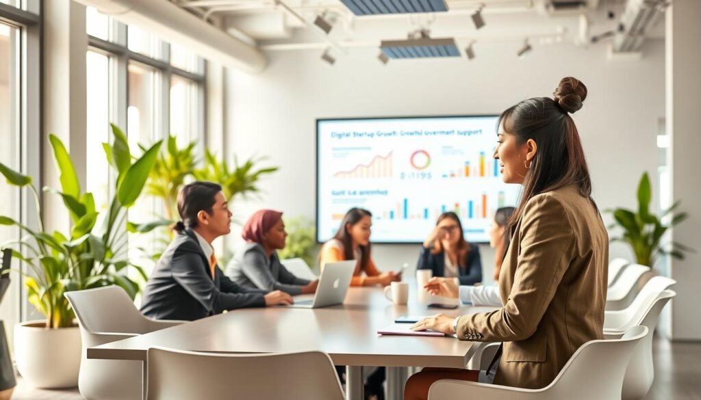 A bustling office environment in Indonesia, showcasing a diverse group of professionals discussing a startup policy. In the foreground, a confident female entrepreneur in smart business attire gestures while presenting her ideas to a mixed-gender team seated at a modern conference table. In the middle ground, a large digital screen displays infographics related to digital startup growth and government support initiatives. A bright, airy atmosphere with natural light filtering through large windows, enhancing a dynamic and collaborative mood. In the background, green plants and tech-inspired decor emphasize innovation. The image should evoke a sense of optimism and opportunity, capturing the essence of entrepreneurial spirit and governmental support for digital startups. A bustling office environment in Indonesia, showcasing a diverse group of professionals discussing a startup policy. In the foreground, a confident female entrepreneur in smart business attire gestures while presenting her ideas to a mixed-gender team seated at a modern conference table. In the middle ground, a large digital screen displays infographics related to digital startup growth and government support initiatives. A bright, airy atmosphere with natural light filtering through large windows, enhancing a dynamic and collaborative mood. In the background, green plants and tech-inspired decor emphasize innovation. The image should evoke a sense of optimism and opportunity, capturing the essence of entrepreneurial spirit and governmental support for digital startups.