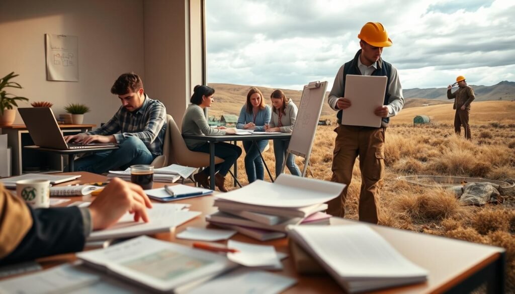 A detailed scene of "pemetaan use case" showing a freelancer, a small team, and a field worker, all engaged in productive work activities. The foreground depicts a freelancer typing on a laptop, surrounded by scattered notes and a cup of coffee. In the middle ground, a small team collaborates around a table, discussing project plans and sketching on a whiteboard. The background showcases a field worker inspecting equipment, with a landscape of rolling hills and a cloudy sky in the distance. The lighting is warm and natural, creating a productive and focused atmosphere. The composition emphasizes the different work scenarios, with a sense of balance and cohesion across the different elements. A detailed scene of "pemetaan use case" showing a freelancer, a small team, and a field worker, all engaged in productive work activities. The foreground depicts a freelancer typing on a laptop, surrounded by scattered notes and a cup of coffee. In the middle ground, a small team collaborates around a table, discussing project plans and sketching on a whiteboard. The background showcases a field worker inspecting equipment, with a landscape of rolling hills and a cloudy sky in the distance. The lighting is warm and natural, creating a productive and focused atmosphere. The composition emphasizes the different work scenarios, with a sense of balance and cohesion across the different elements.