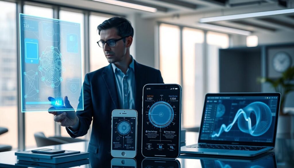 A futuristic AI search platform resembling Apple design aesthetics, featuring sleek interfaces and digital screens displaying complex algorithms and data patterns. In the foreground, a professional user in business attire is interacting with a holographic interface, depicting augmented reality elements glowing with blue and white lights. In the middle ground, various devices like an iPhone and MacBook are embedded with visual representations of AI capabilities, such as intelligent search results and sensor readings. The background showcases a modern, minimalistic office environment with soft natural lighting filtering through large windows, creating an innovative and inspiring atmosphere. The mood is focused and advanced, emphasizing the technological triumphs in AI-driven search capabilities exclusive to iOS 18. A futuristic AI search platform resembling Apple design aesthetics, featuring sleek interfaces and digital screens displaying complex algorithms and data patterns. In the foreground, a professional user in business attire is interacting with a holographic interface, depicting augmented reality elements glowing with blue and white lights. In the middle ground, various devices like an iPhone and MacBook are embedded with visual representations of AI capabilities, such as intelligent search results and sensor readings. The background showcases a modern, minimalistic office environment with soft natural lighting filtering through large windows, creating an innovative and inspiring atmosphere. The mood is focused and advanced, emphasizing the technological triumphs in AI-driven search capabilities exclusive to iOS 18.