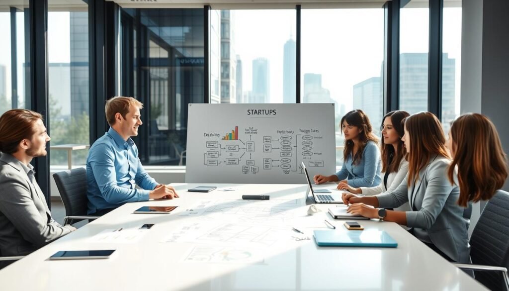 A modern office environment showcasing the implementation of startup policies. In the foreground, a diverse group of four professionals in business attire—two men and two women—are engaged in a dynamic discussion around a sleek conference table covered with digital devices and charts. In the middle ground, a large whiteboard displays brainstorming ideas and flowcharts related to digital growth strategies. The background features a modern city skyline through large floor-to-ceiling windows, symbolizing innovation and opportunity. Soft, natural light streams in, creating a collaborative and forward-thinking atmosphere. Capture this scene from a slightly elevated angle to emphasize the teamwork and energy in the space. The overall mood is optimistic and professional, reflecting a commitment to fostering local startups. A modern office environment showcasing the implementation of startup policies. In the foreground, a diverse group of four professionals in business attire—two men and two women—are engaged in a dynamic discussion around a sleek conference table covered with digital devices and charts. In the middle ground, a large whiteboard displays brainstorming ideas and flowcharts related to digital growth strategies. The background features a modern city skyline through large floor-to-ceiling windows, symbolizing innovation and opportunity. Soft, natural light streams in, creating a collaborative and forward-thinking atmosphere. Capture this scene from a slightly elevated angle to emphasize the teamwork and energy in the space. The overall mood is optimistic and professional, reflecting a commitment to fostering local startups.