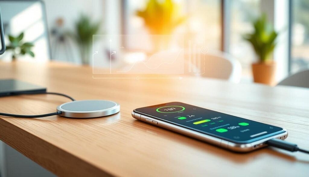 A sleek and modern digital representation of an iOS battery optimization interface, featuring a close-up of an iPhone screen displaying battery statistics, with vibrant green and orange icons indicating efficient power usage. In the foreground, an elegant smartphone rests on a stylish wooden desk, surrounded by subtle elements like a wireless charging pad and USB-C cable, symbolizing modern technology. The middle layer showcases faint graphs and percentage bars depicting battery performance improvements, blending seamlessly with the screen. The background features a softly blurred, bright office setting illuminated by natural sunlight, creating a warm and productive atmosphere. The overall mood should be innovative and high-tech, emphasizing the theme of battery optimization and performance enhancement in a professional context. A sleek and modern digital representation of an iOS battery optimization interface, featuring a close-up of an iPhone screen displaying battery statistics, with vibrant green and orange icons indicating efficient power usage. In the foreground, an elegant smartphone rests on a stylish wooden desk, surrounded by subtle elements like a wireless charging pad and USB-C cable, symbolizing modern technology. The middle layer showcases faint graphs and percentage bars depicting battery performance improvements, blending seamlessly with the screen. The background features a softly blurred, bright office setting illuminated by natural sunlight, creating a warm and productive atmosphere. The overall mood should be innovative and high-tech, emphasizing the theme of battery optimization and performance enhancement in a professional context.