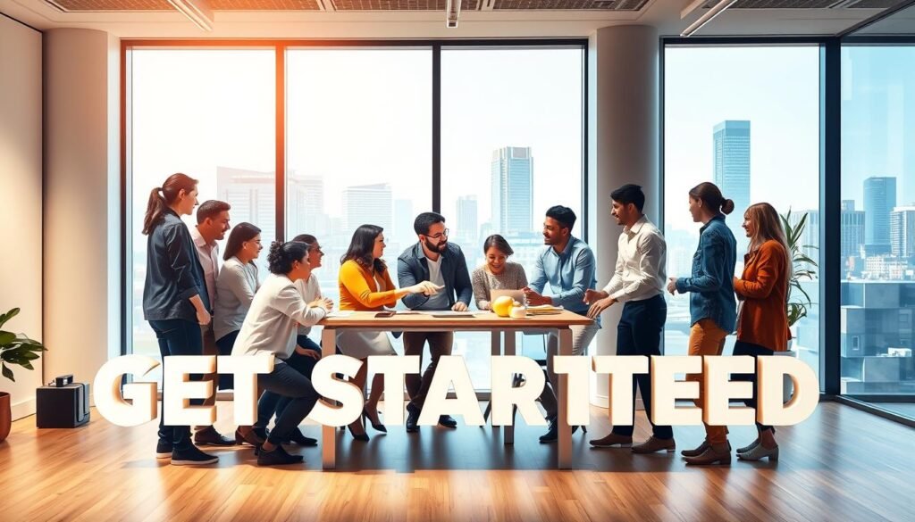 A vibrant office scene with a group of diverse professionals gathered around a table, enthusiastically discussing a new project. The foreground features a prominent "GET STARTED" message, rendered in a clean, modern font against a sleek, minimalist backdrop. The middle ground showcases the team members, their body language and facial expressions conveying a sense of excitement and collaboration. The background incorporates subtle office elements, such as a large window overlooking a bustling city skyline, providing a sense of scale and setting. The lighting is warm and natural, creating a welcoming and productive atmosphere. The overall composition and styling evoke a dynamic, forward-thinking workspace where ideas come to life. A vibrant office scene with a group of diverse professionals gathered around a table, enthusiastically discussing a new project. The foreground features a prominent "GET STARTED" message, rendered in a clean, modern font against a sleek, minimalist backdrop. The middle ground showcases the team members, their body language and facial expressions conveying a sense of excitement and collaboration. The background incorporates subtle office elements, such as a large window overlooking a bustling city skyline, providing a sense of scale and setting. The lighting is warm and natural, creating a welcoming and productive atmosphere. The overall composition and styling evoke a dynamic, forward-thinking workspace where ideas come to life.