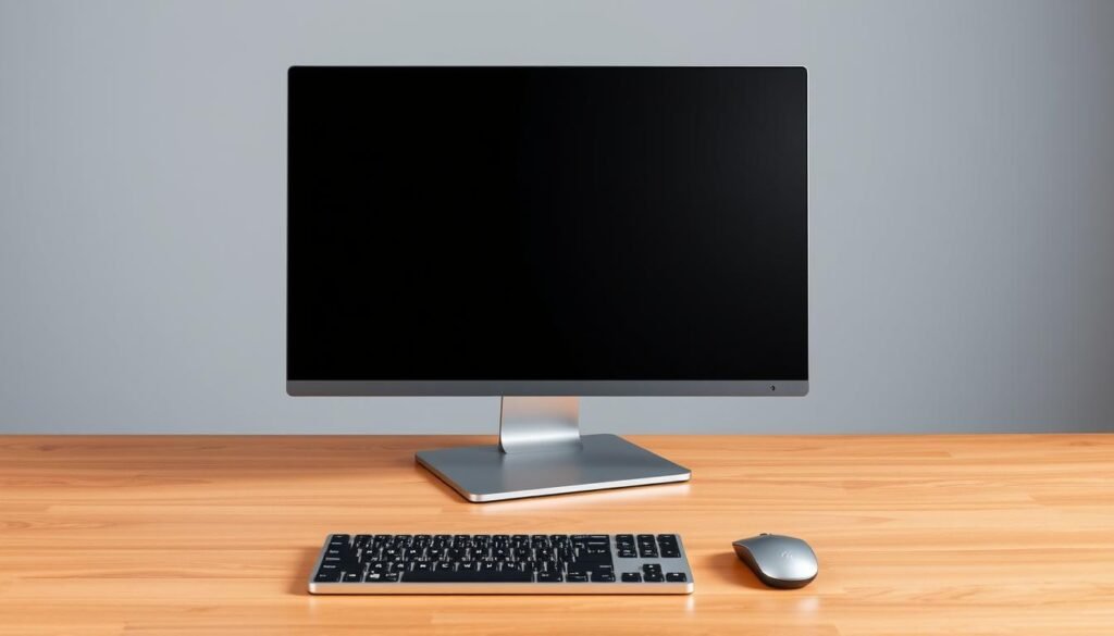 An external display setup with a modern, minimalist aesthetic. A sleek, silver monitor stands on a polished wooden desk, its clean lines and thin bezels creating a sophisticated, high-tech look. The monitor is angled slightly, casting a soft, diffused light across the surface of the desk. In the foreground, a wireless keyboard and mouse sit neatly arranged, ready for seamless interaction. The background is a simple, muted gray, allowing the display and peripherals to take center stage, showcasing their functional elegance. An external display setup with a modern, minimalist aesthetic. A sleek, silver monitor stands on a polished wooden desk, its clean lines and thin bezels creating a sophisticated, high-tech look. The monitor is angled slightly, casting a soft, diffused light across the surface of the desk. In the foreground, a wireless keyboard and mouse sit neatly arranged, ready for seamless interaction. The background is a simple, muted gray, allowing the display and peripherals to take center stage, showcasing their functional elegance.