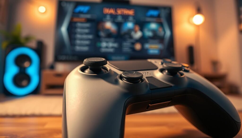 A close-up view of a DualSense controller, prominently featuring its adaptive triggers, set against a soft-focus background of a modern gaming setup. The foreground should highlight the textural details of the controller, capturing the slight curvature and unique mechanics of the adaptive triggers, showcasing their innovative design. Use warm, ambient lighting to create a cozy gaming atmosphere, emphasizing the sleek black and white color scheme of the controller. In the middle, subtly include a blurred display of a gaming interface on a screen, hinting at the customization options for the triggers. Capture the image from a slightly elevated angle, giving depth to the scene while maintaining clarity on the controller's features. The overall mood should be inviting and tech-savvy, appealing to gaming enthusiasts. A close-up view of a DualSense controller, prominently featuring its adaptive triggers, set against a soft-focus background of a modern gaming setup. The foreground should highlight the textural details of the controller, capturing the slight curvature and unique mechanics of the adaptive triggers, showcasing their innovative design. Use warm, ambient lighting to create a cozy gaming atmosphere, emphasizing the sleek black and white color scheme of the controller. In the middle, subtly include a blurred display of a gaming interface on a screen, hinting at the customization options for the triggers. Capture the image from a slightly elevated angle, giving depth to the scene while maintaining clarity on the controller's features. The overall mood should be inviting and tech-savvy, appealing to gaming enthusiasts.