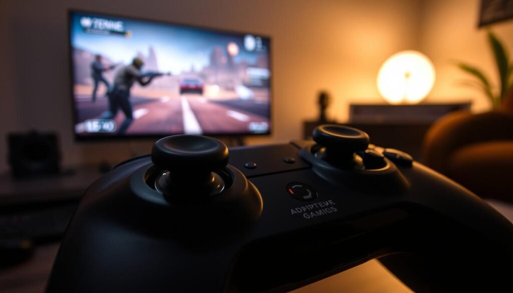 A detailed close-up of a DualSense controller featuring its adaptive triggers, showcasing the unique mechanisms inside the trigger area. The foreground highlights the responsive triggers, with intricate gears and sensors visible, demonstrating their technology and functionality. In the middle ground, a blurred view of a gaming setup including a screen displaying an action-packed game scene, subtly illuminated by ambient lighting. The background captures a cozy gaming environment, dimly lit with soft, warm light that creates an inviting atmosphere. Shadows play across the workspace, enhancing the focus on the controller while evoking excitement and tension typically found in gaming. The overall mood is dynamic and engaging, representing innovation in gaming technology. A detailed close-up of a DualSense controller featuring its adaptive triggers, showcasing the unique mechanisms inside the trigger area. The foreground highlights the responsive triggers, with intricate gears and sensors visible, demonstrating their technology and functionality. In the middle ground, a blurred view of a gaming setup including a screen displaying an action-packed game scene, subtly illuminated by ambient lighting. The background captures a cozy gaming environment, dimly lit with soft, warm light that creates an inviting atmosphere. Shadows play across the workspace, enhancing the focus on the controller while evoking excitement and tension typically found in gaming. The overall mood is dynamic and engaging, representing innovation in gaming technology.