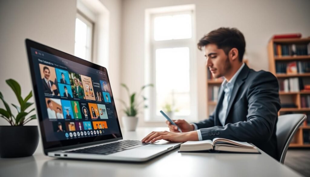 A modern digital learning platform interface displayed on a sleek laptop, with an array of vibrant educational content visible on the screen. In the foreground, a professional individual dressed in business casual attire, engaged and taking notes. The middle ground features a clean, minimalist workspace with a stylish desk, a potted plant, and a notebook. In the background, a softly blurred bookshelf filled with technology and education-related books. Natural daylight streams in from a nearby window, creating a warm and inviting atmosphere. The overall mood is optimistic and focused, emphasizing the importance of online technology learning platforms for 2025. The angle is slightly above eye level, capturing the dynamic interaction between the user and their digital learning environment. A modern digital learning platform interface displayed on a sleek laptop, with an array of vibrant educational content visible on the screen. In the foreground, a professional individual dressed in business casual attire, engaged and taking notes. The middle ground features a clean, minimalist workspace with a stylish desk, a potted plant, and a notebook. In the background, a softly blurred bookshelf filled with technology and education-related books. Natural daylight streams in from a nearby window, creating a warm and inviting atmosphere. The overall mood is optimistic and focused, emphasizing the importance of online technology learning platforms for 2025. The angle is slightly above eye level, capturing the dynamic interaction between the user and their digital learning environment.