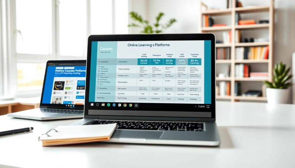 A modern, organized workspace displaying a comparison of various online learning platforms. Foreground: a sleek laptop with multiple browser tabs open, each showcasing different educational websites, and a notepad with notes. Middle: a chart or infographic comparing features such as pricing, courses available, and user ratings, displayed on a clear, visually appealing design. Background: a bright, well-lit room with a bookshelf filled with technology books and a potted plant for a touch of nature. The atmosphere is professional and inspiring, conveying a focused learning environment. Soft, natural lighting enhances the inviting mood, with a slight depth of field effect to bring attention to the learning materials. A modern, organized workspace displaying a comparison of various online learning platforms. Foreground: a sleek laptop with multiple browser tabs open, each showcasing different educational websites, and a notepad with notes. Middle: a chart or infographic comparing features such as pricing, courses available, and user ratings, displayed on a clear, visually appealing design. Background: a bright, well-lit room with a bookshelf filled with technology books and a potted plant for a touch of nature. The atmosphere is professional and inspiring, conveying a focused learning environment. Soft, natural lighting enhances the inviting mood, with a slight depth of field effect to bring attention to the learning materials.